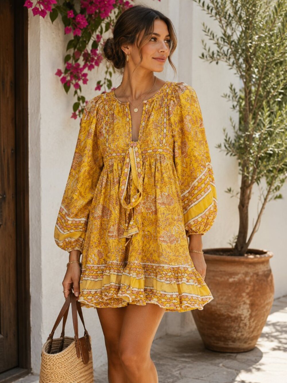 Cleobella Magdalena Mini Dress Small Turmeric Yellow Print Puff Sleeve Womens